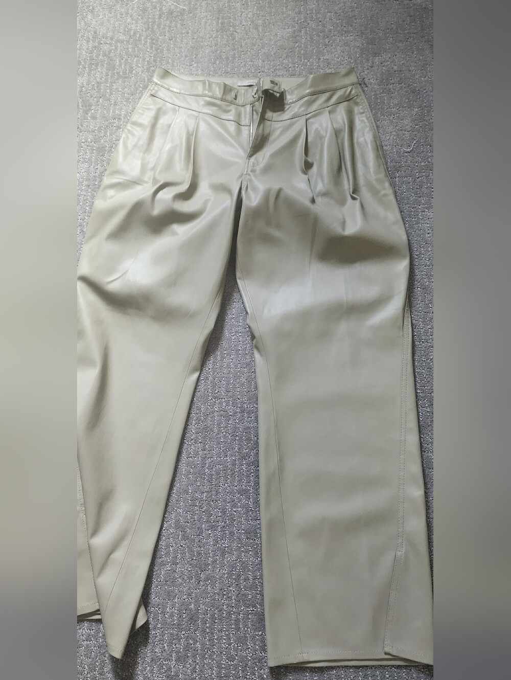 Womens Pleated Faux Leather Pants in Light Beige